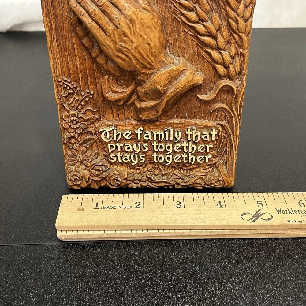 Vintage MCM Napkin Holder Mail Caddy Praying Hands FAMILY Made in USA Faux Wood